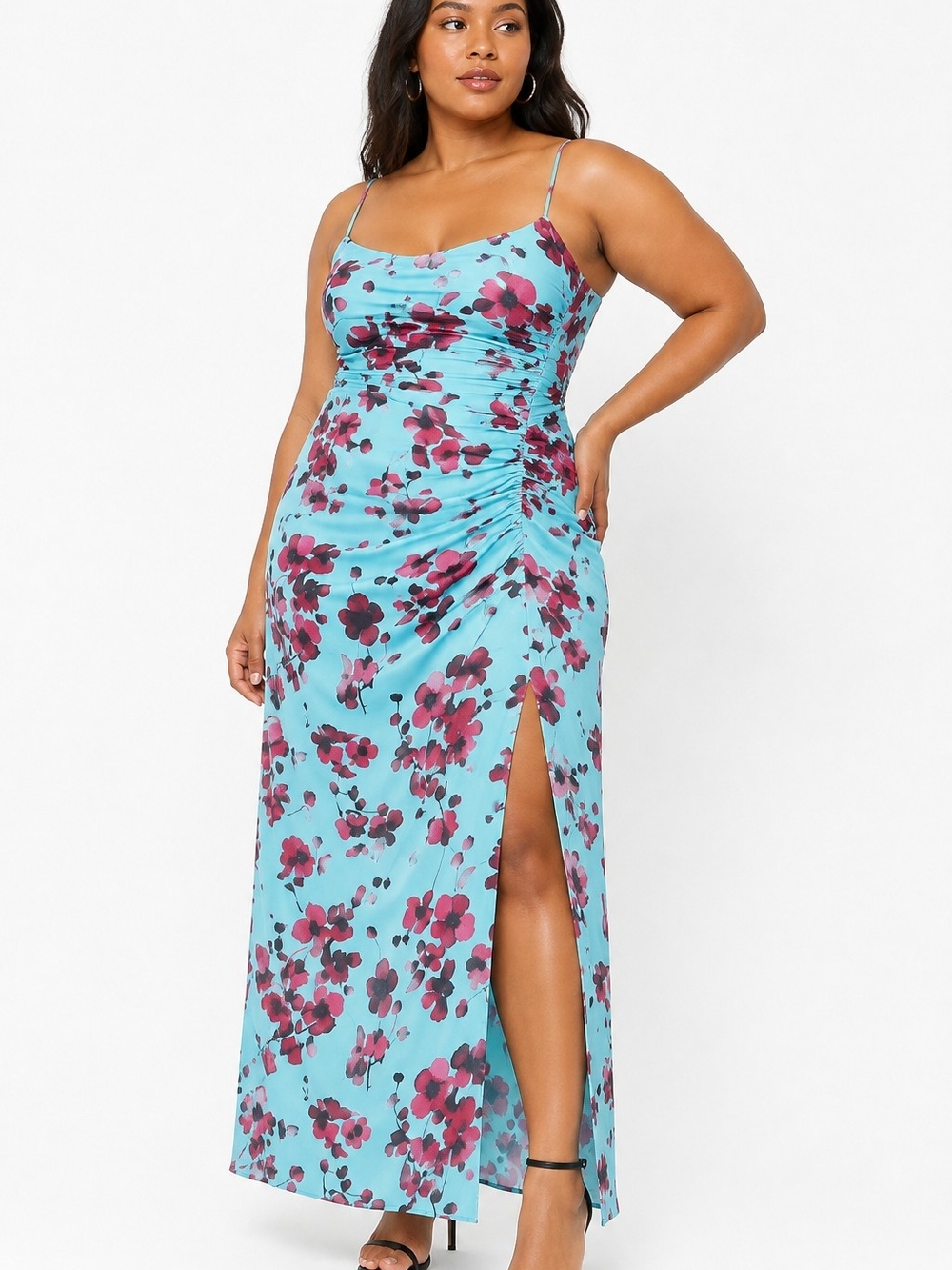 NEW From Hutch Ruched Floral Midi Dress 24W Sky Blue Pink Floral Slit
